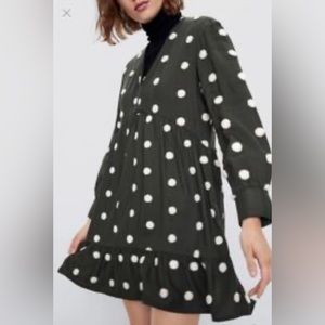 ZARA olive green ruffled long sleeve polka dot dress | L